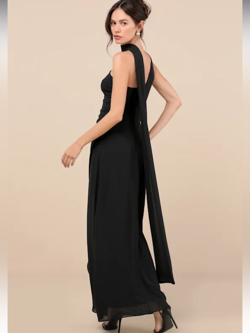 New Lulus Adeline Black One-Shoulder Evening Gown with Draped Sash Sz Medium - Picture 4 of 8
